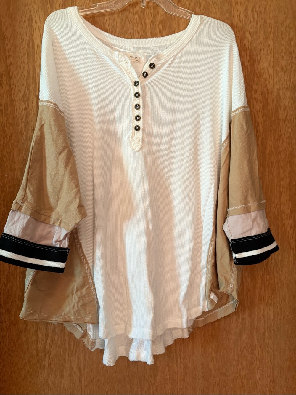 We The Free White Waffle-Knit Henley with Tan Buttons